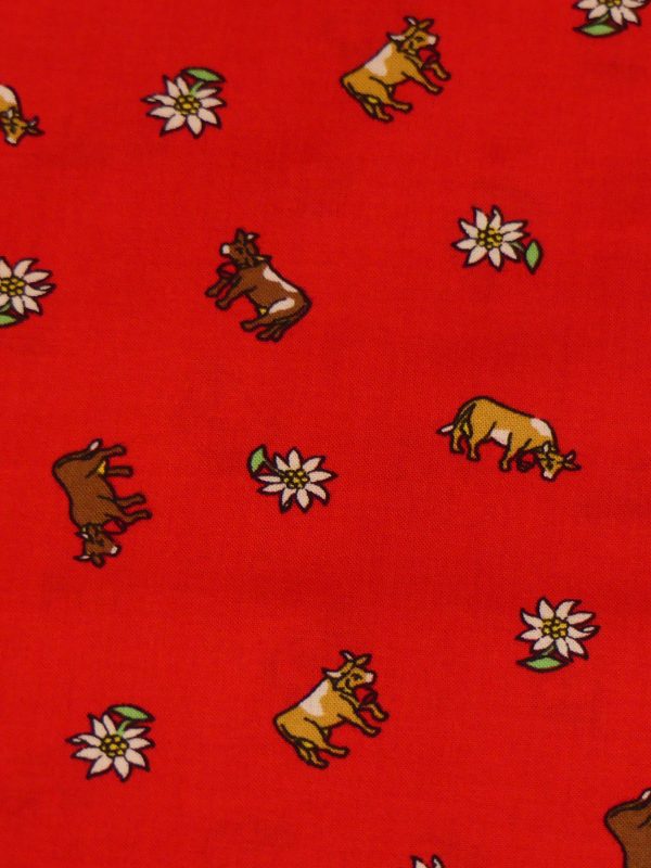 Tissu Rouge avec edelweiss et vache