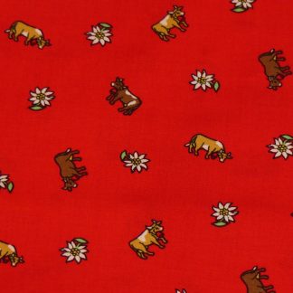Tissu Rouge avec edelweiss et vache