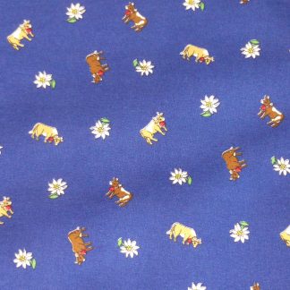 Tissu Bleu avec edelweiss et vache