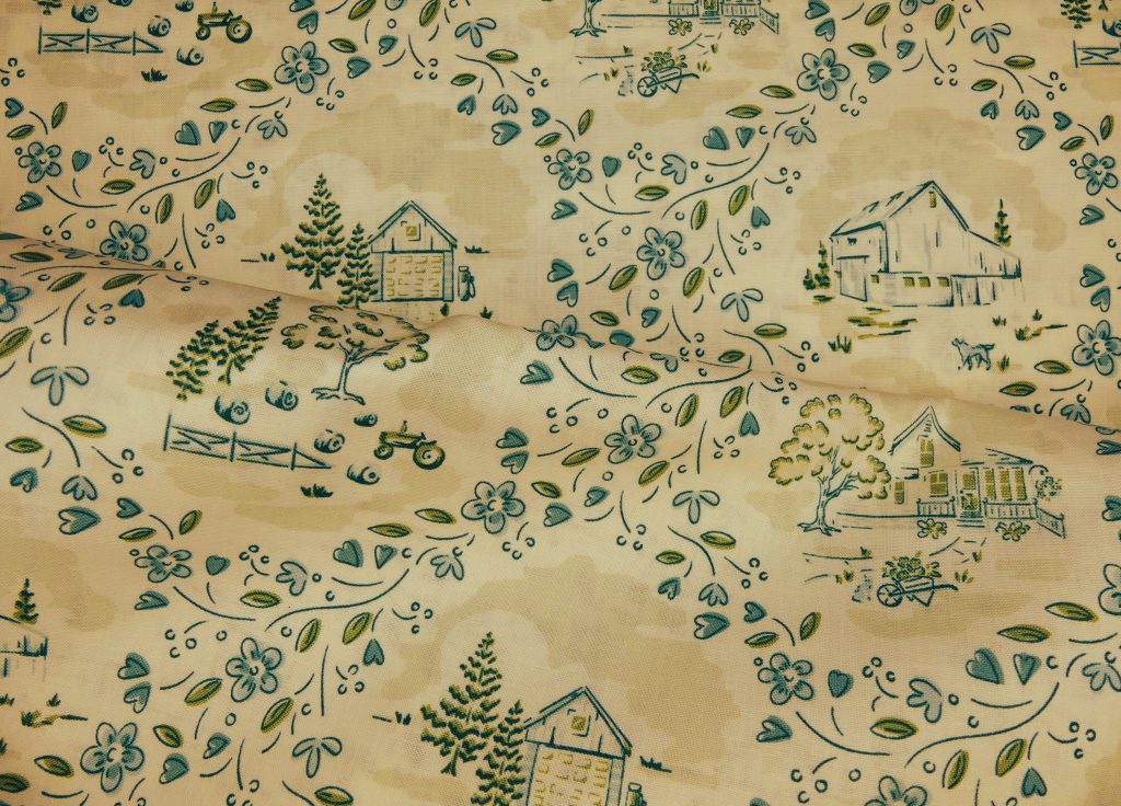 Tissu motif maison et fleur