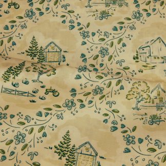 Tissu motif maison et fleur