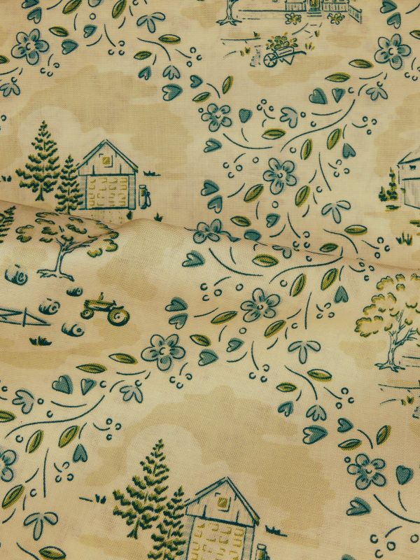 Tissu motif maison et fleur